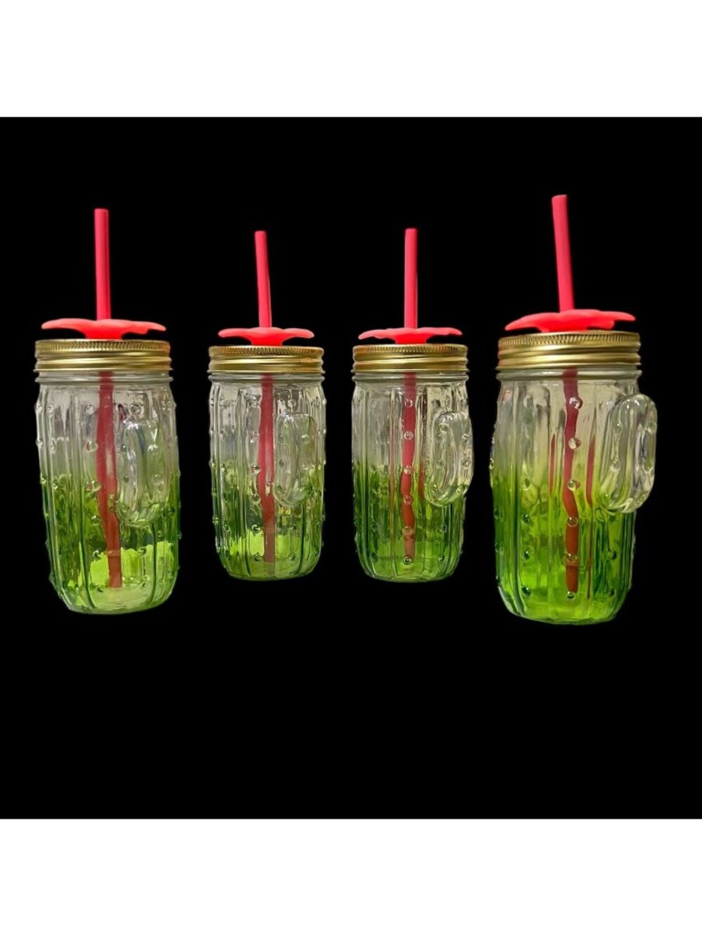 4 Green Cactus Glass Mason Jar Metal Twist Lid Rubber Pink Flower Straw Hobnail